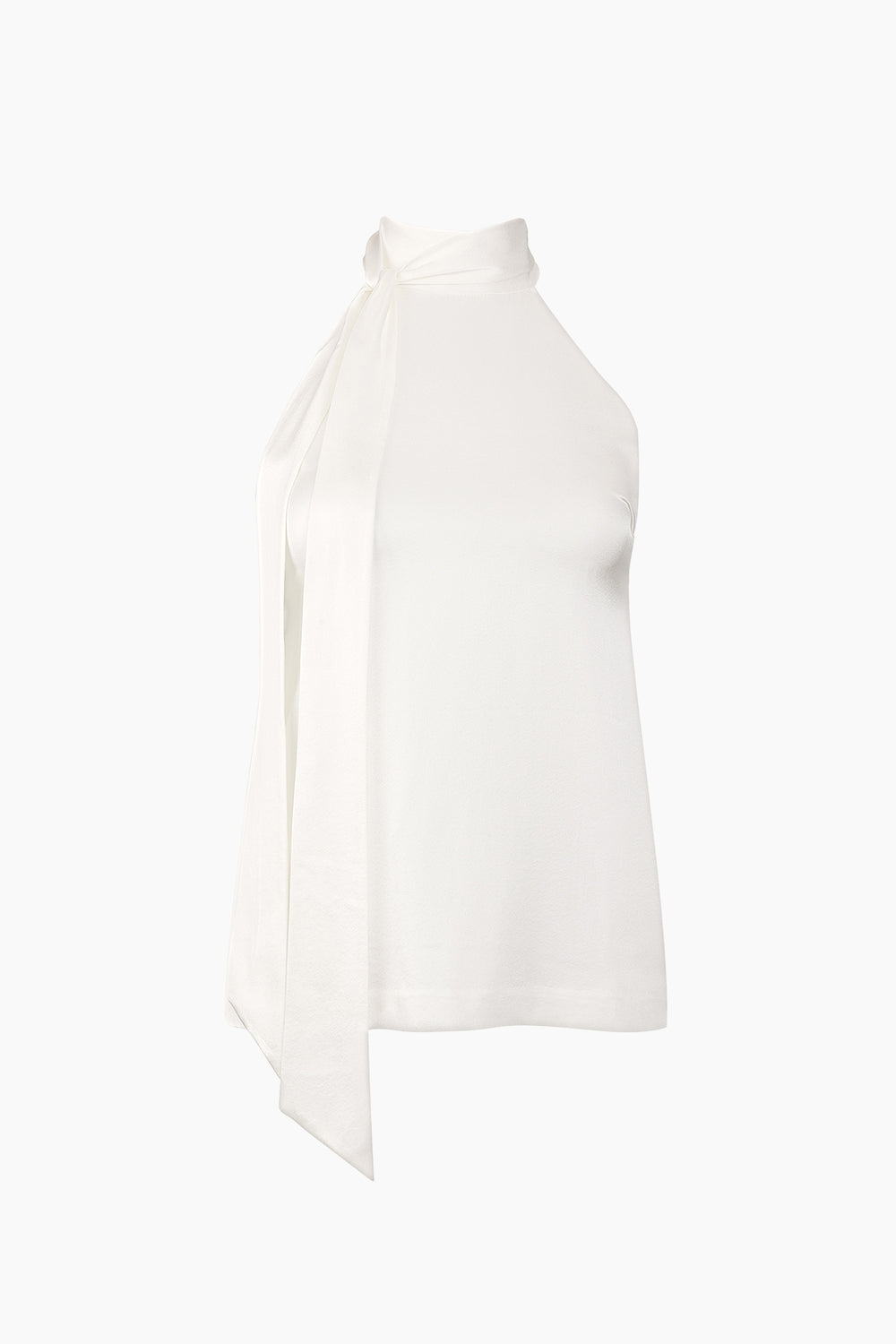 Du & Berry white halter blouse with a neck tie detail worn by a model outdoors