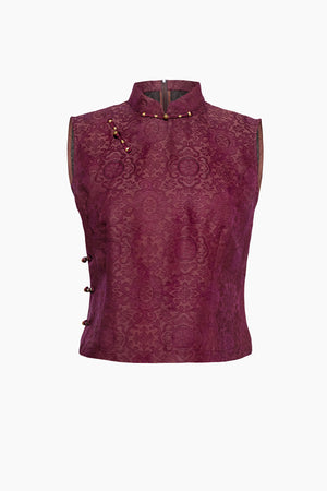 Du & Berry Jacquard Mulberry Silk Vest in Burgundy with high neck and side button details