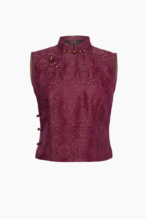 Du & Berry Jacquard Mulberry Silk Vest in Burgundy with high neck and side button details