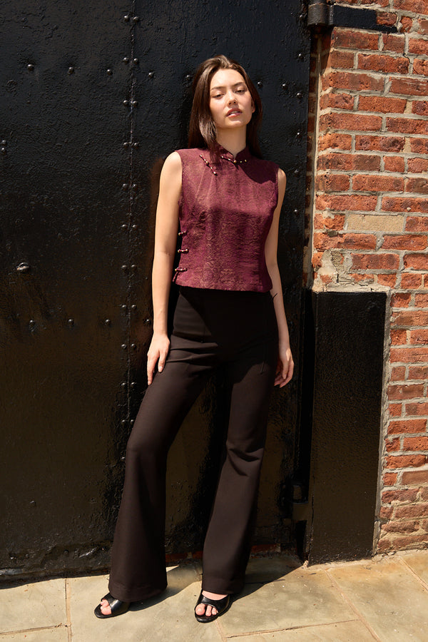 Du & Berry Jacquard Mulberry Silk Vest in Burgundy worn sleeveless with black wide-leg pants