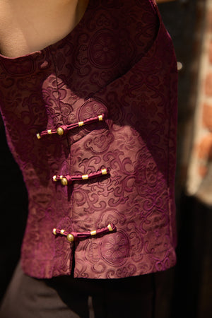 Du & Berry Jacquard Mulberry Silk Vest in Burgundy with intricate pattern and traditional button closures