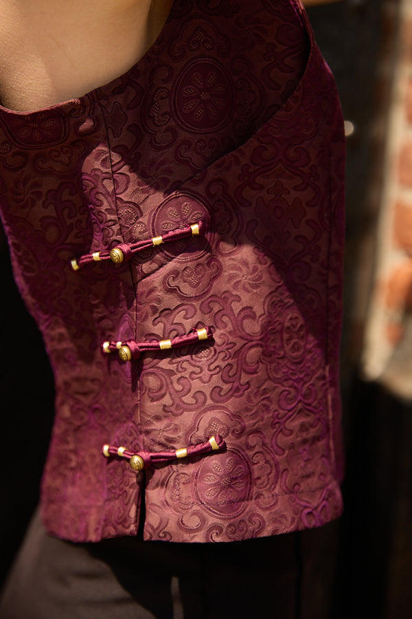 Du & Berry Jacquard Mulberry Silk Vest in Burgundy with intricate pattern and traditional button closures