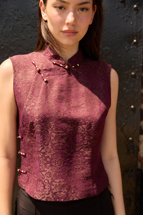 Du & Berry Jacquard Mulberry Silk Vest in Burgundy sleeveless top with intricate pattern and traditional clasp details