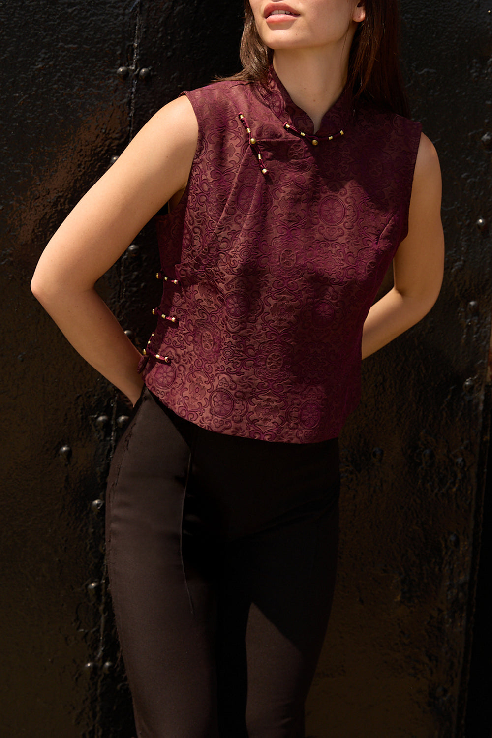 Du & Berry Jacquard Mulberry Silk Vest in Burgundy worn by woman styled with black pants
