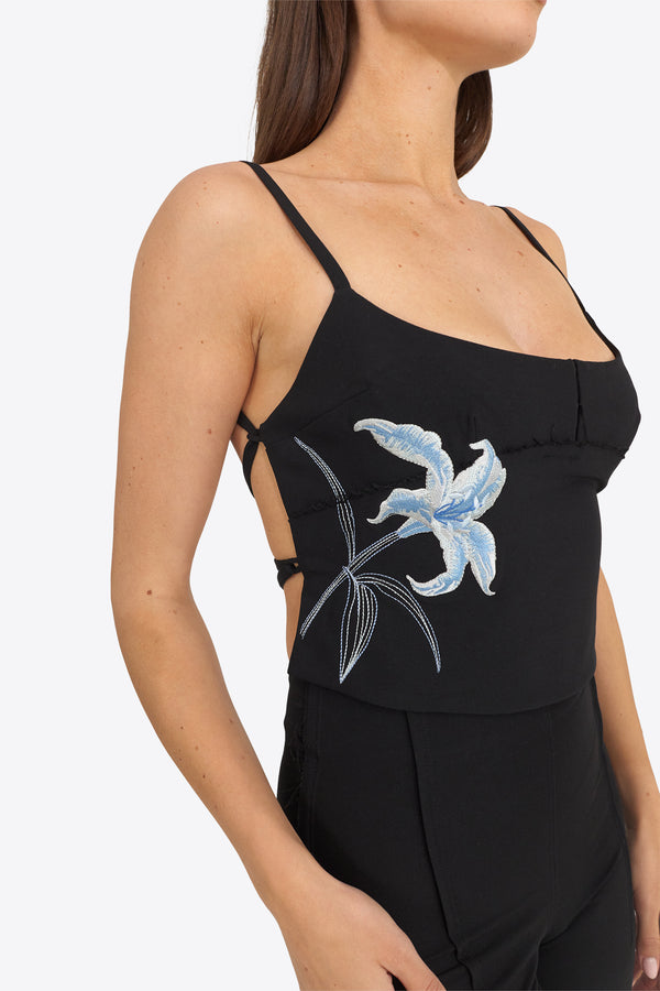 Du & Berry black sleeveless top with light blue lily Embroidery Top design on side