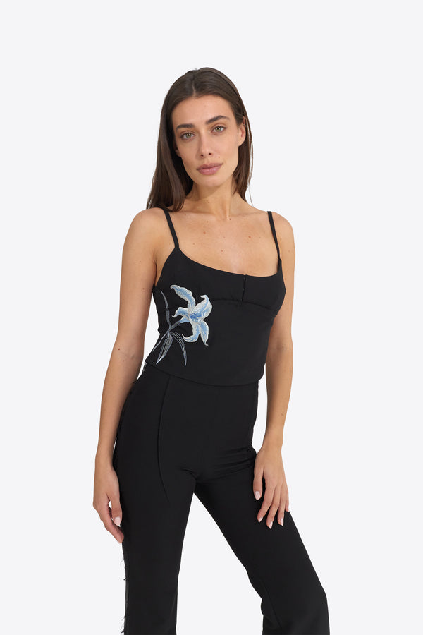 Du & Berry Light blue lily Embroidery Top black sleeveless with floral design on side