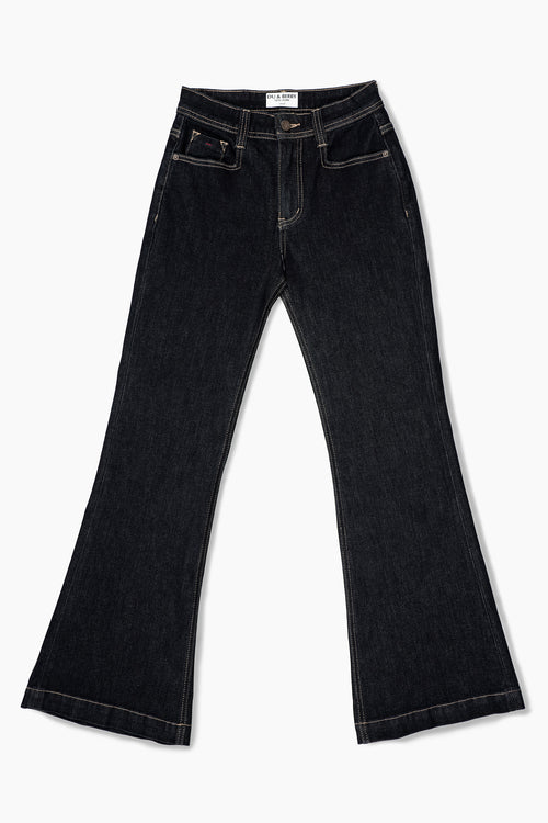 Du & Berry navy flare jeans for women with classic five-pocket design and contrast stitching