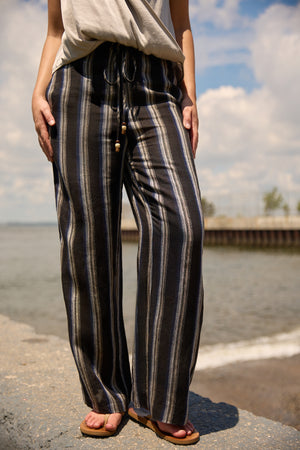 Du & Berry Navy Linen Wide Leg Stripe Pants with drawstring waist and relaxed fit for casual wear