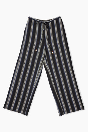 Du & Berry navy linen wide leg stripe pants with drawstring waist and vertical stripes