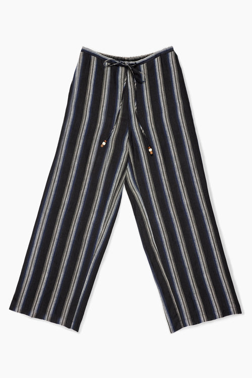 Du & Berry navy linen wide leg stripe pants with drawstring waist and vertical stripes