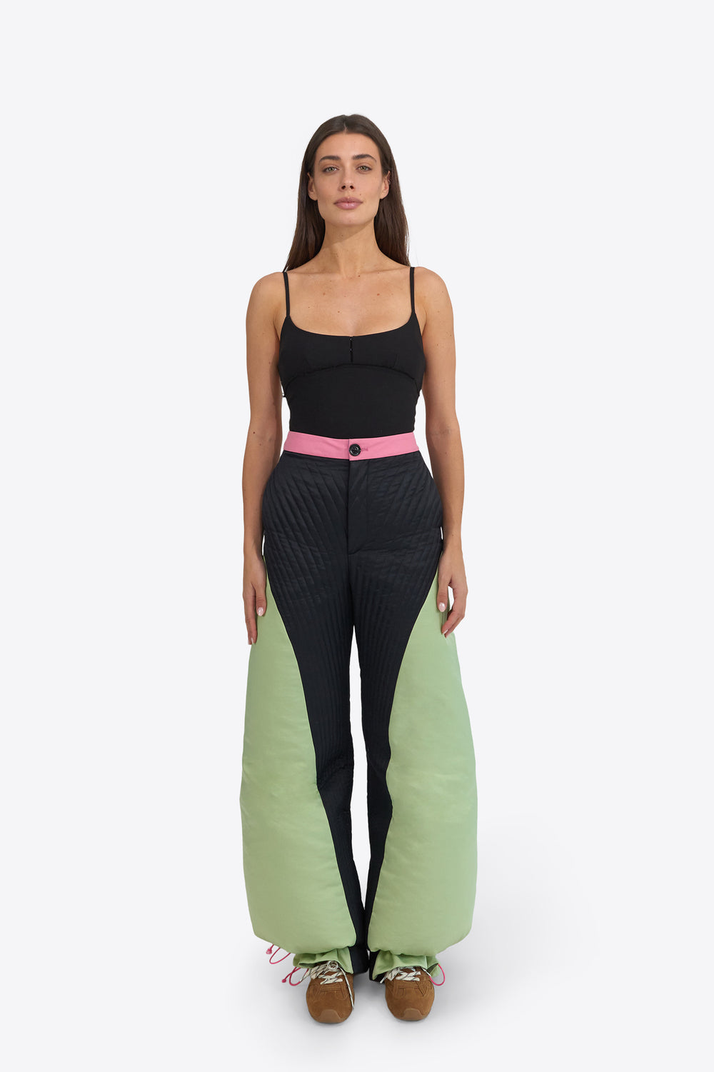 Du & Berry Origami Suit Set featuring black and green color-blocked jacket and pants with pink accents