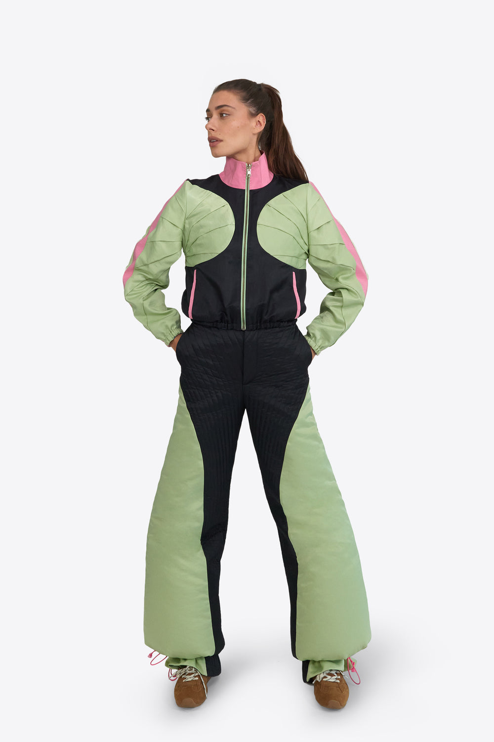 Du & Berry Origami Suit Set featuring black and green color-blocked jacket and pants with pink accents