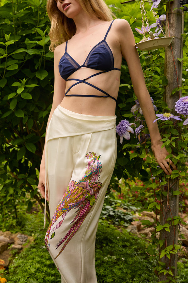 Du & Berry Phoenix Belted Silk Trousers in cream with colorful phoenix embroidery and wrap belt detail
