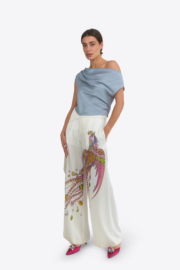 Du & Berry Phoenix Belted Silk Trousers in white with colorful phoenix design and wide-leg fit