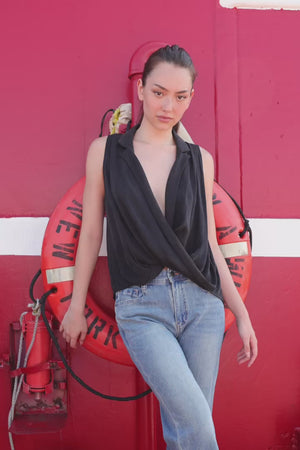 Solara Twist Collared Top in Black