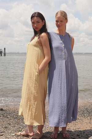 Drift Linen Button Midi Dress in Soft Mustard
