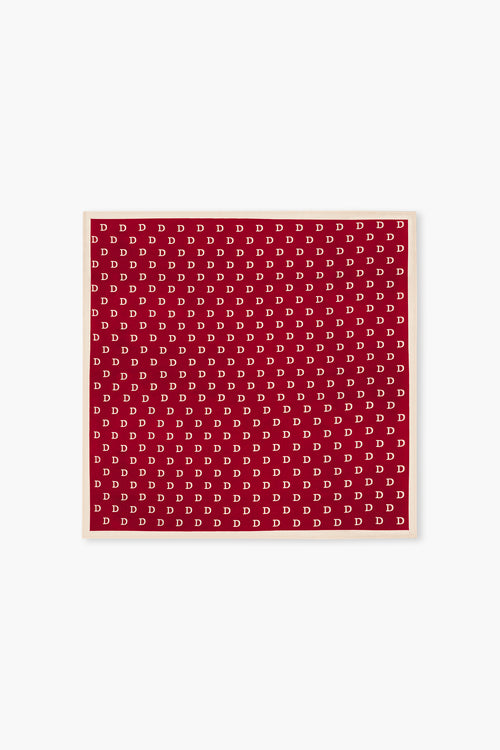 Du & Berry Square Silk Scarf in Red with repeating monogram pattern and beige border