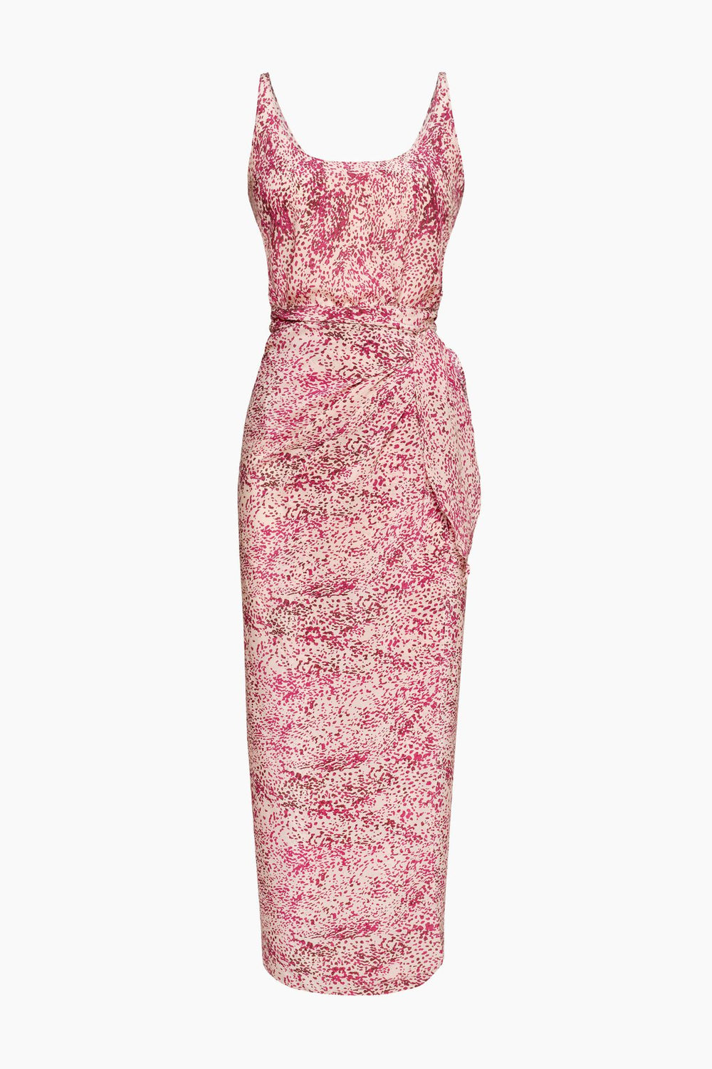 Woman wearing Du & Berry convertible silk wrap dress with pink floral print standing in red doorway