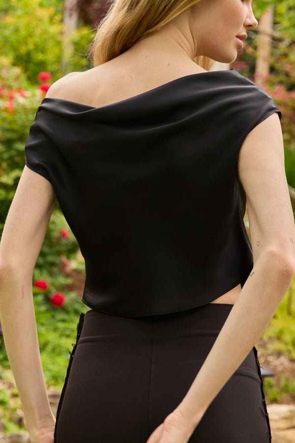 Du & Berry Draped Top in Deep Black with elegant off-shoulder design and smooth fabric
