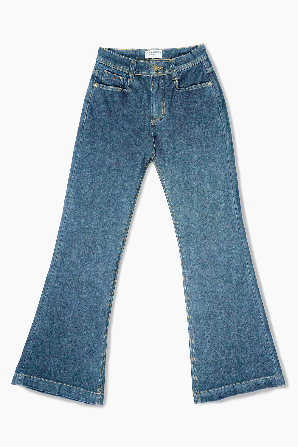 Woman wearing Du & Berry light blue flared denim jeans paired with a black sleeveless top