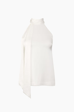 Front view: white halter blouse with a tie detail, made from soft fabric by Du & Berry