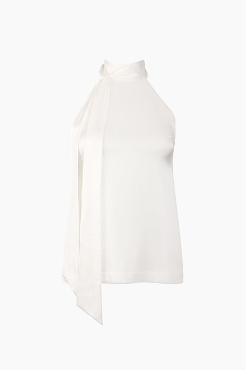 Front view: white halter blouse with a tie detail, made from soft fabric by Du & Berry
