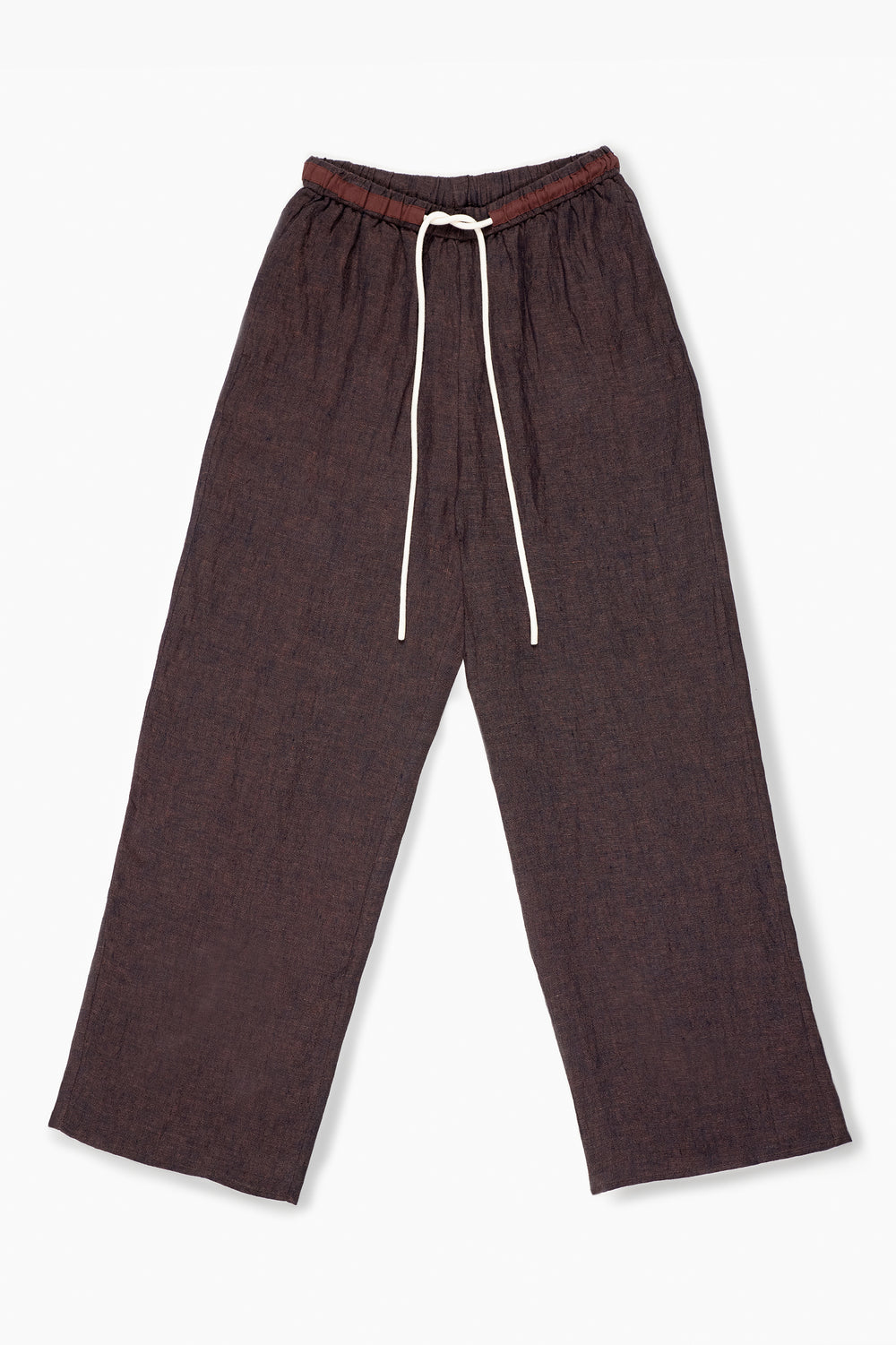 Du & Berry women's chocolate linen drawstring pants with relaxed fit and white drawstring waist